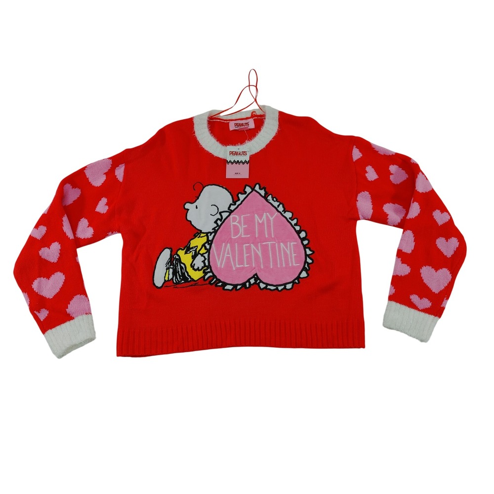Peanuts Charlie Brown Be My Valentine Sweater Red Heart Sleeves Size‎ S